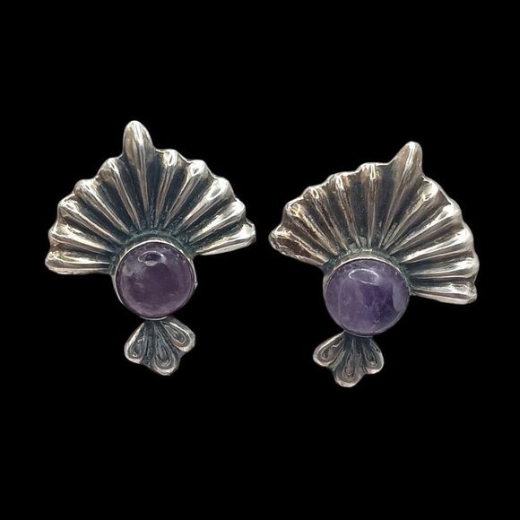 Vintage 1940s Mexico Silver Amethyst Earrings Screw Back Art Deco Style - Picture 1 of 8